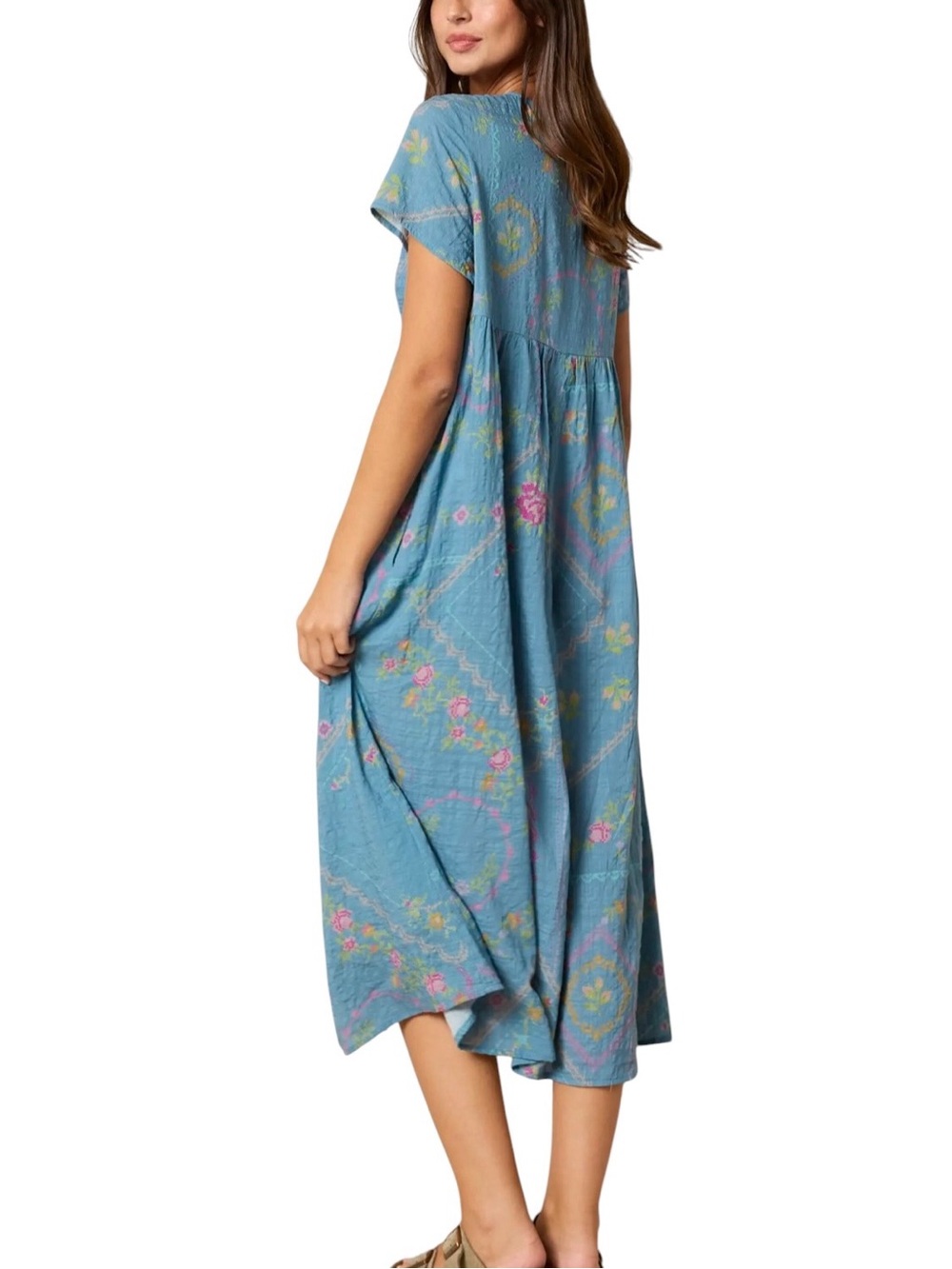 Natural Life Avery Midi Dress Heirloom Cross Stitch Blue NWT Small Pockets - Picture 2 of 12